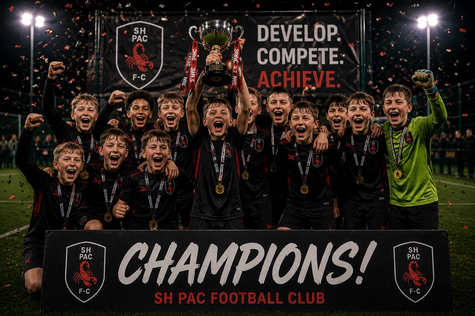 Squad celebrating with the championship trophy